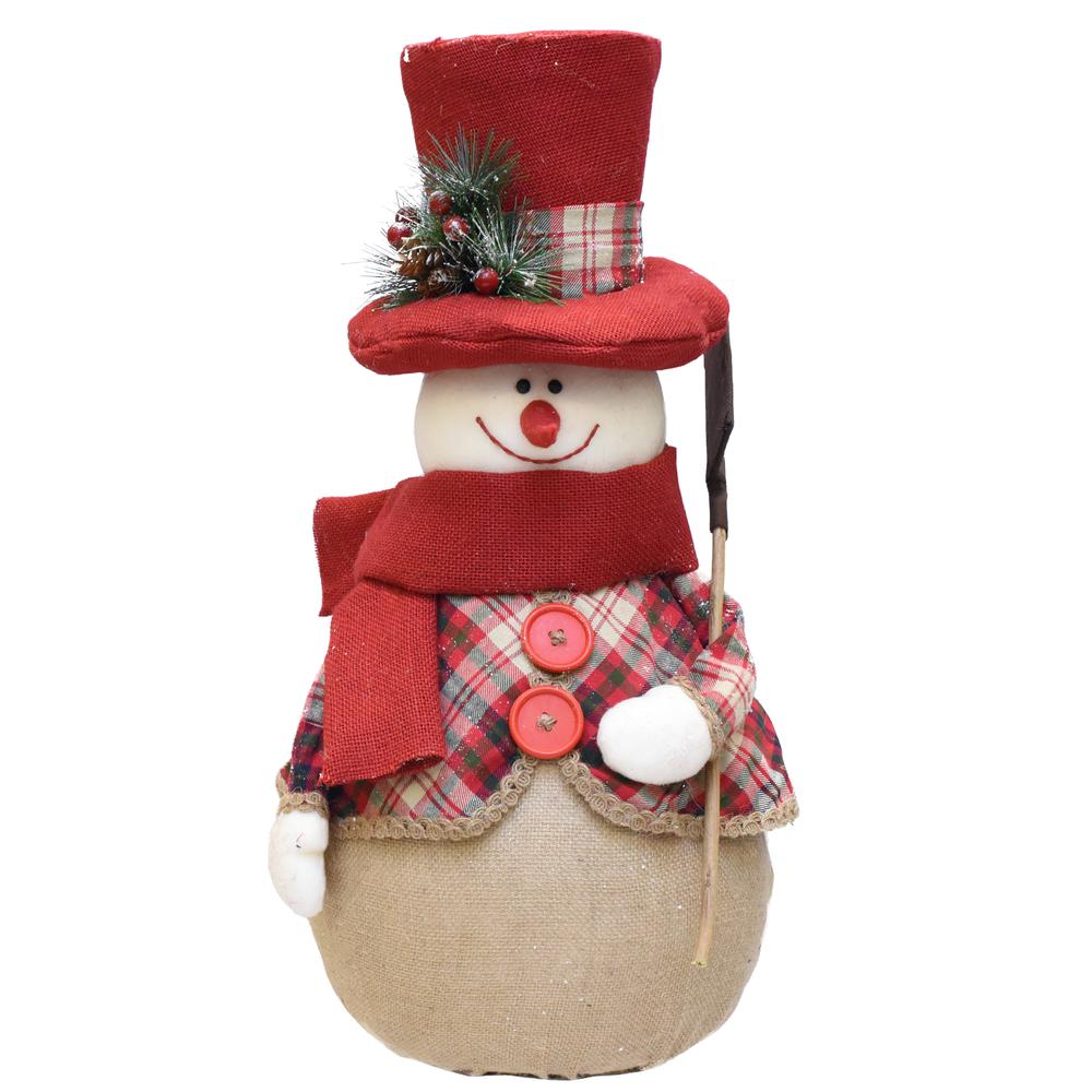 22.75" Red and Brown Plaid Snowman with Shovel Tabletop Christmas Figure. Picture 1