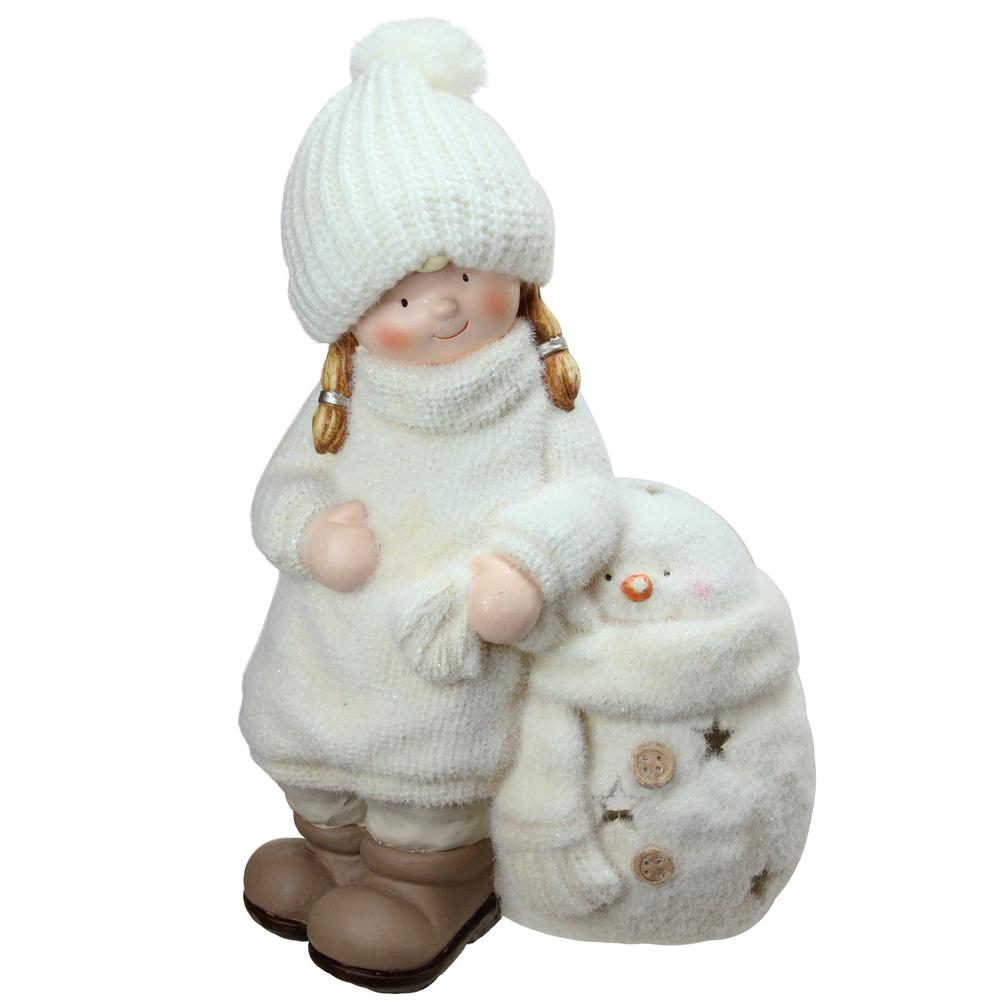 17.25 White Tealight Snowman with Standing Girl Christmas Candle Holder. Picture 1