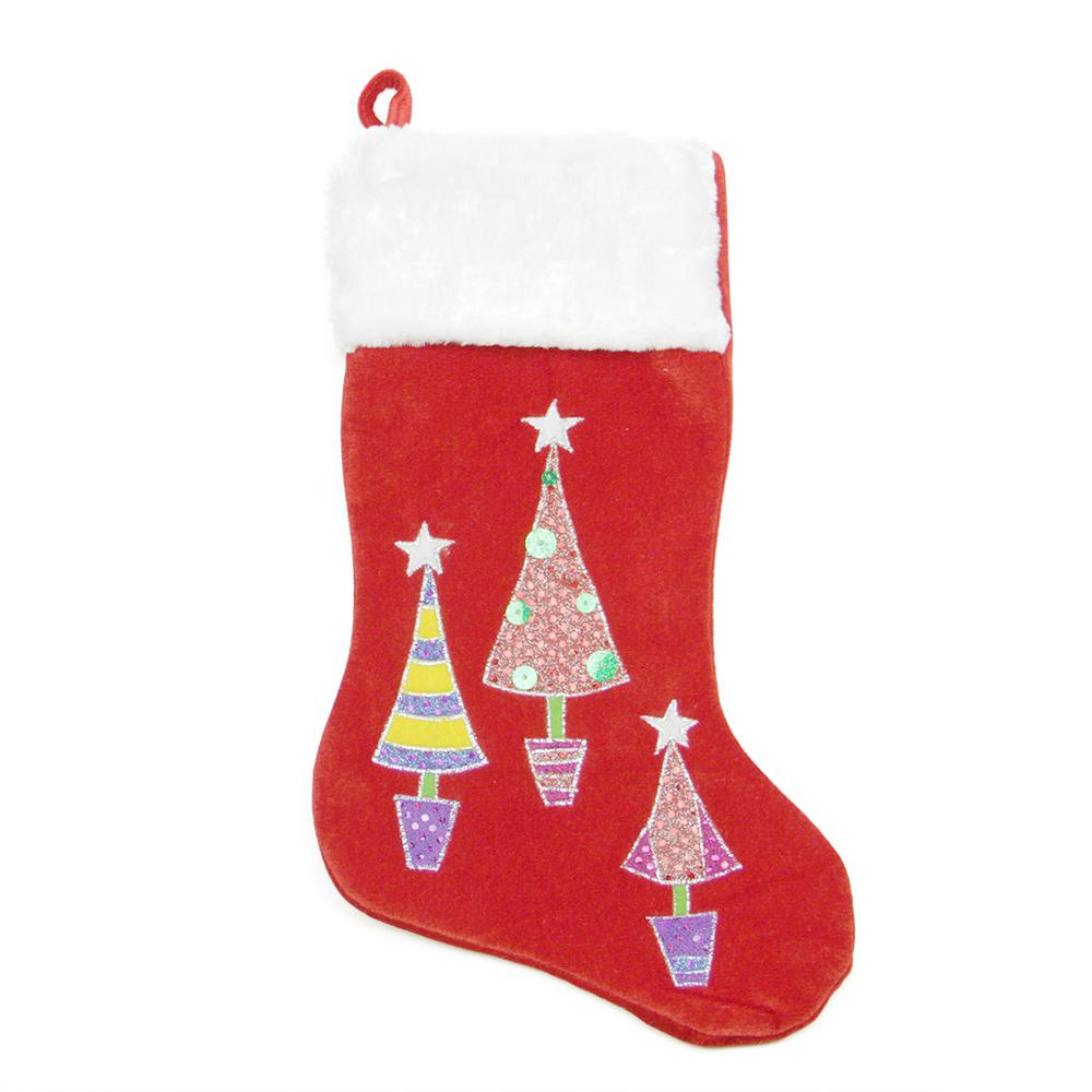 20" Red and White Embroidered Velveteen Cuff Christmas Tree Stocking. Picture 1
