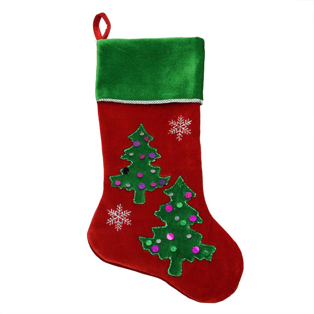 20" Red Velveteen Sequined Christmas Tree Stocking with Green Cuff. Picture 1