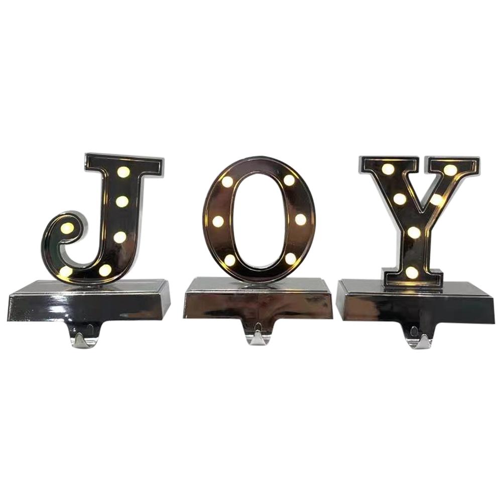 Set of 3 Silver LED Lighted "JOY" Christmas Stocking Holder 6.5". Picture 3