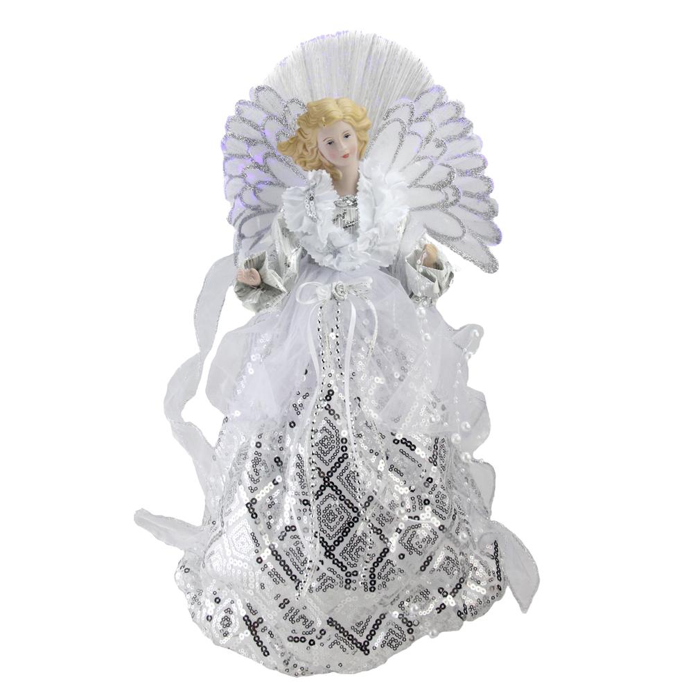 16" White and Silver Lighted Angel Sequined Gown Christmas Tree Topper. Picture 1