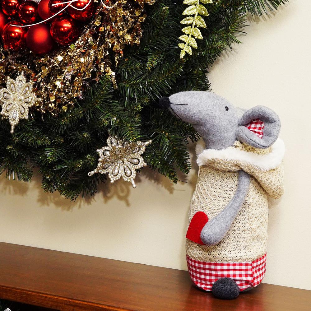 12" Gray and Beige Standing Mouse with Hooded Coat Christmas Tabletop Decoration. Picture 3