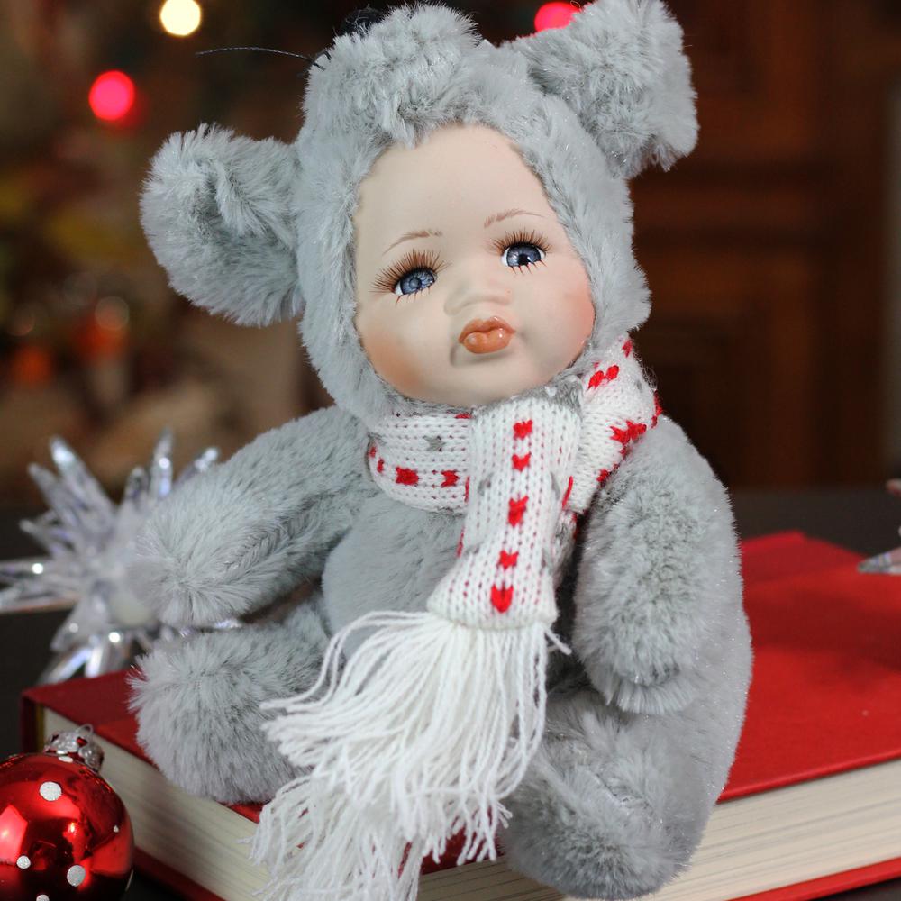 6.75" Gray and White Pucker Up Baby in Mouse Costume Collectible Christmas Doll. Picture 2