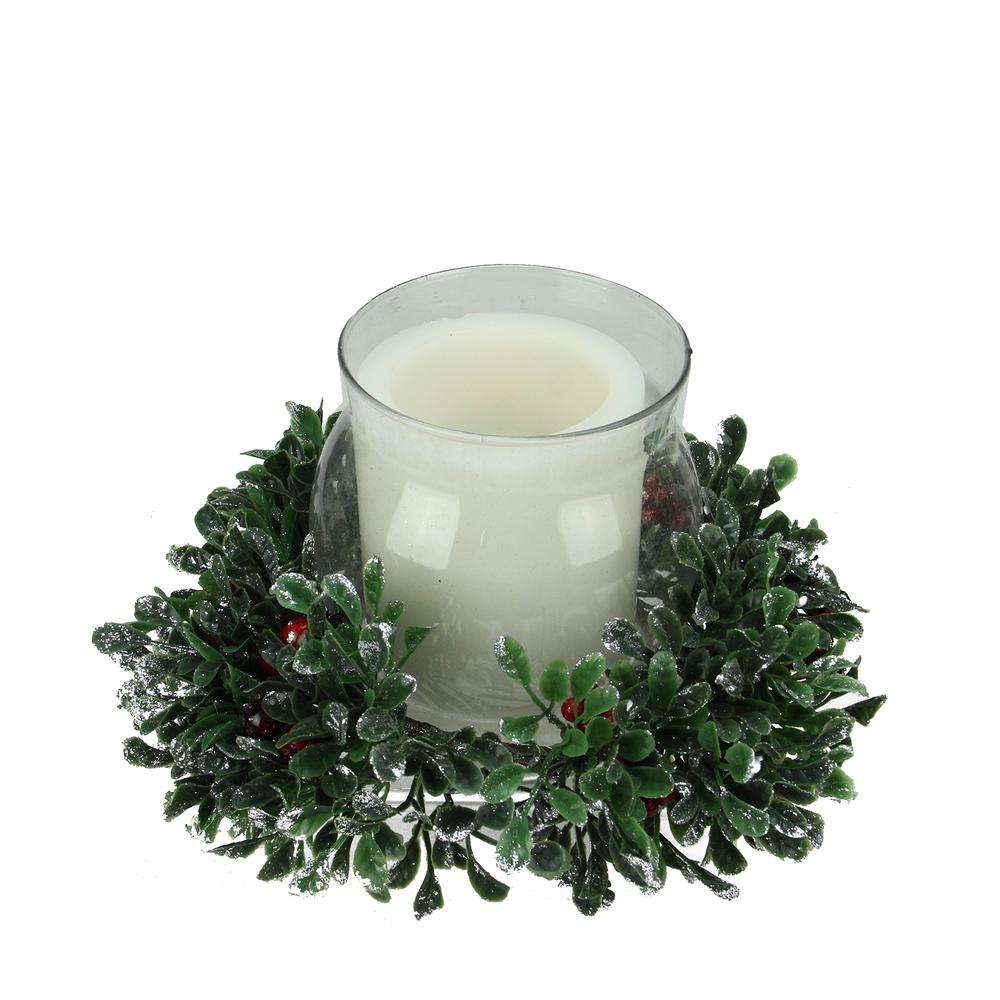 6" Clear and Green Boxwood with Berry Tipped Christmas Hurricane Pillar Candle Holder. Picture 1