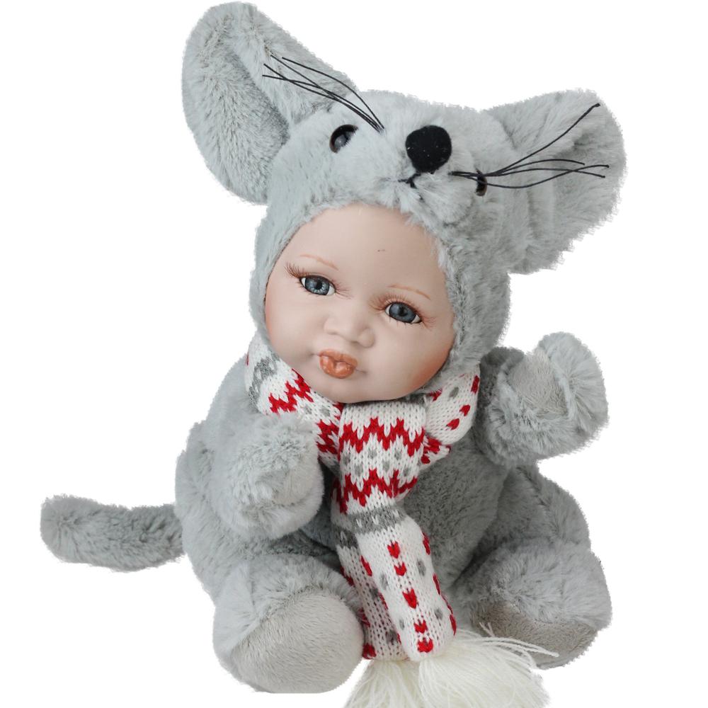 9" Gray and Red Pucker Up Baby in Mouse Costume Collectible Christmas Doll. Picture 1