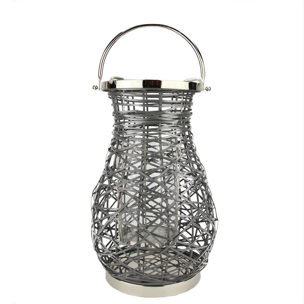 16.25" Modern Gray Decorative Woven Iron Pillar Candle Lantern with Glass Hurricane. Picture 1