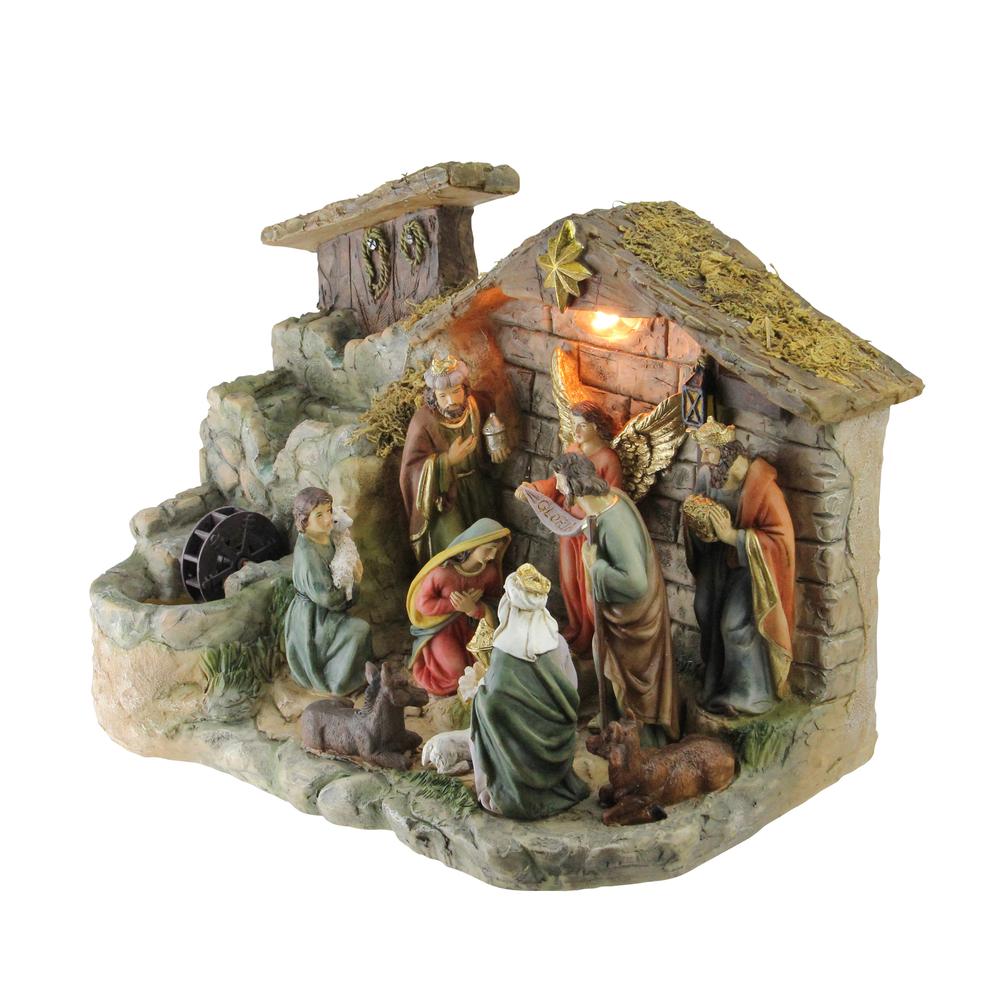 11-Piece Pre-Lit Brown Christmas Nativity Figurine Set with Water Fountain 11" - Warm White Light. Picture 3