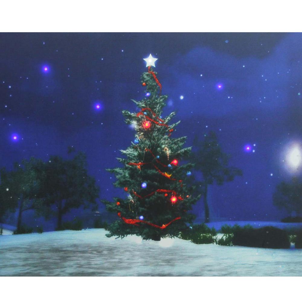 LED Lighted Decorated Christmas Tree at Night with Stars Canvas Wall Art 15.75" x 19.5". Picture 2