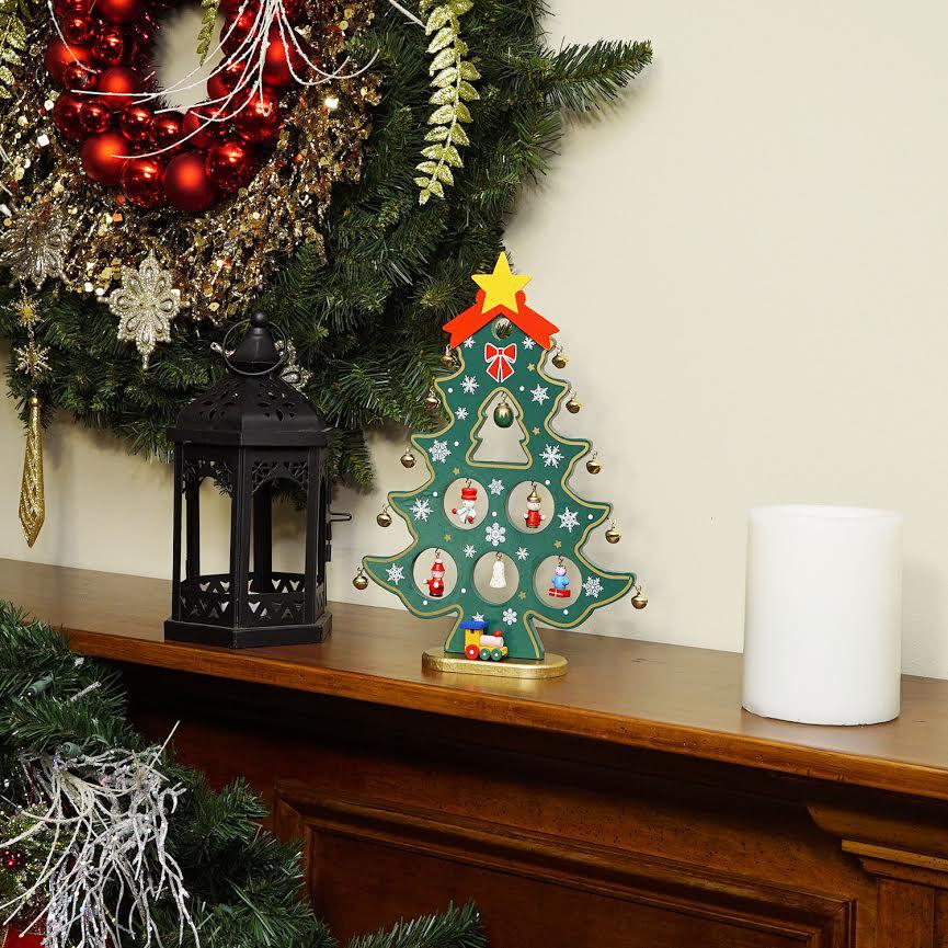 11.25" Red and Green Christmas Tree Cut-Out with Miniature Ornaments Tabletop Decoration. Picture 3