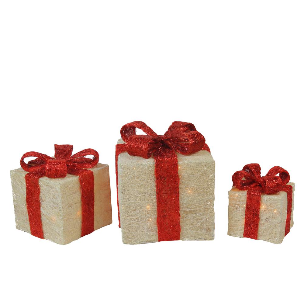 Set of 3 Cream with Red Bows Gift Boxes Outdoor Christmas Decorations 10". Picture 1