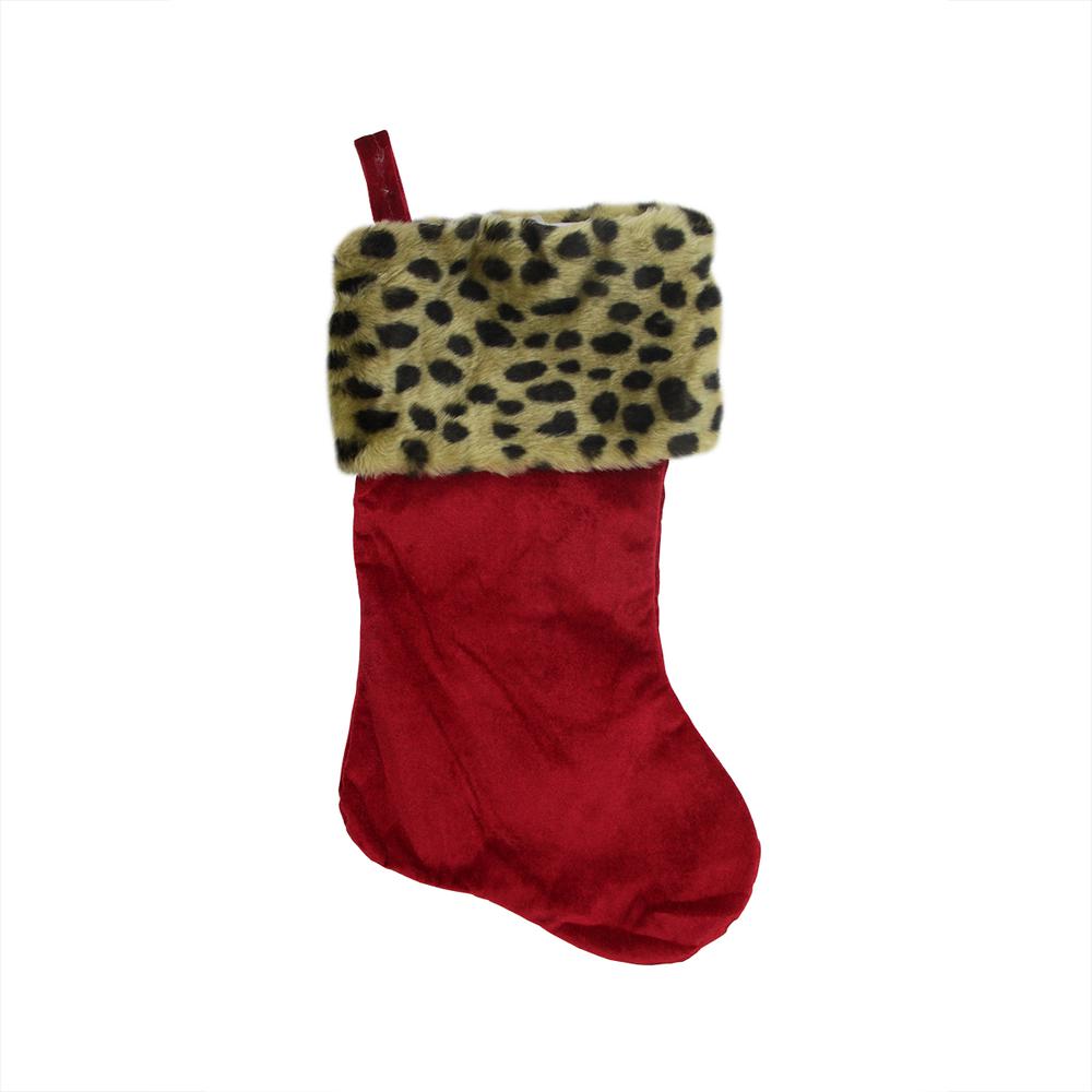 20" Red and Black Leopard Cuff Christmas Stocking. Picture 1