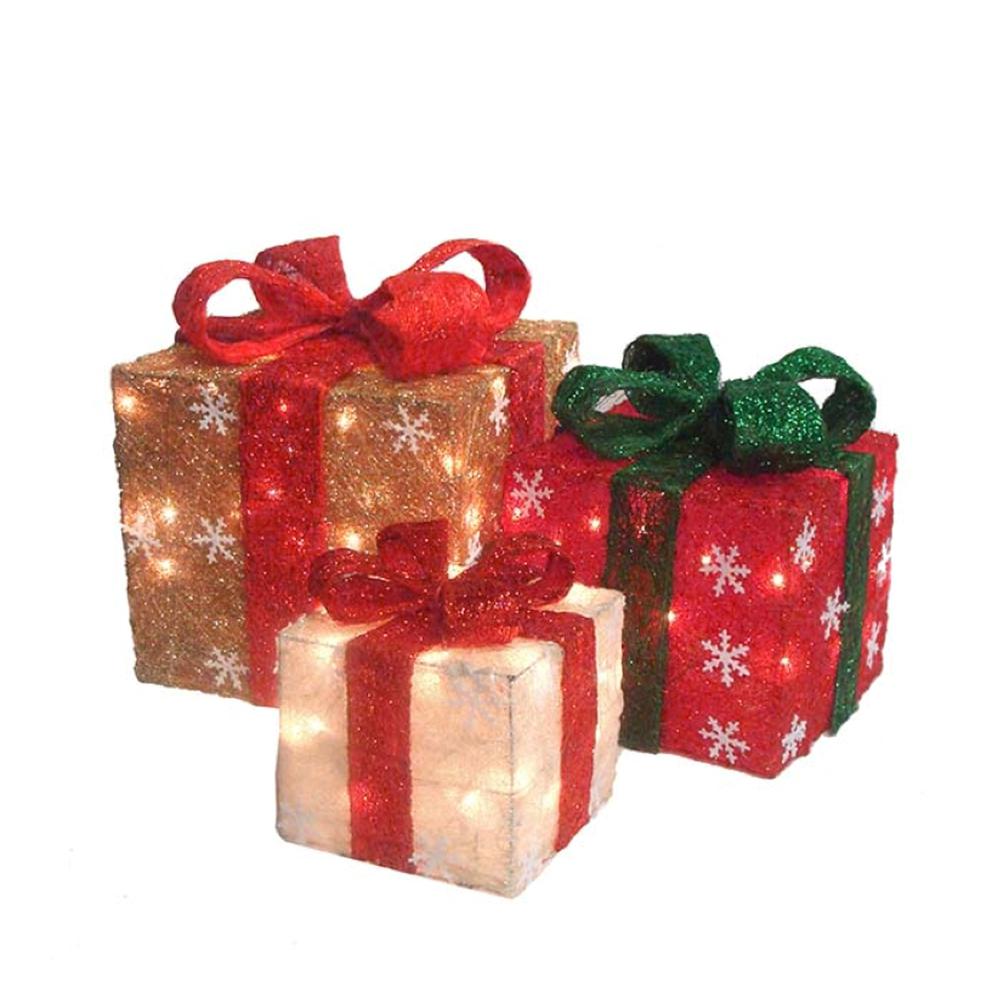 Set of 3 Lighted Red and Cream Gift Boxes Christmas Outdoor Decorations 10". Picture 1