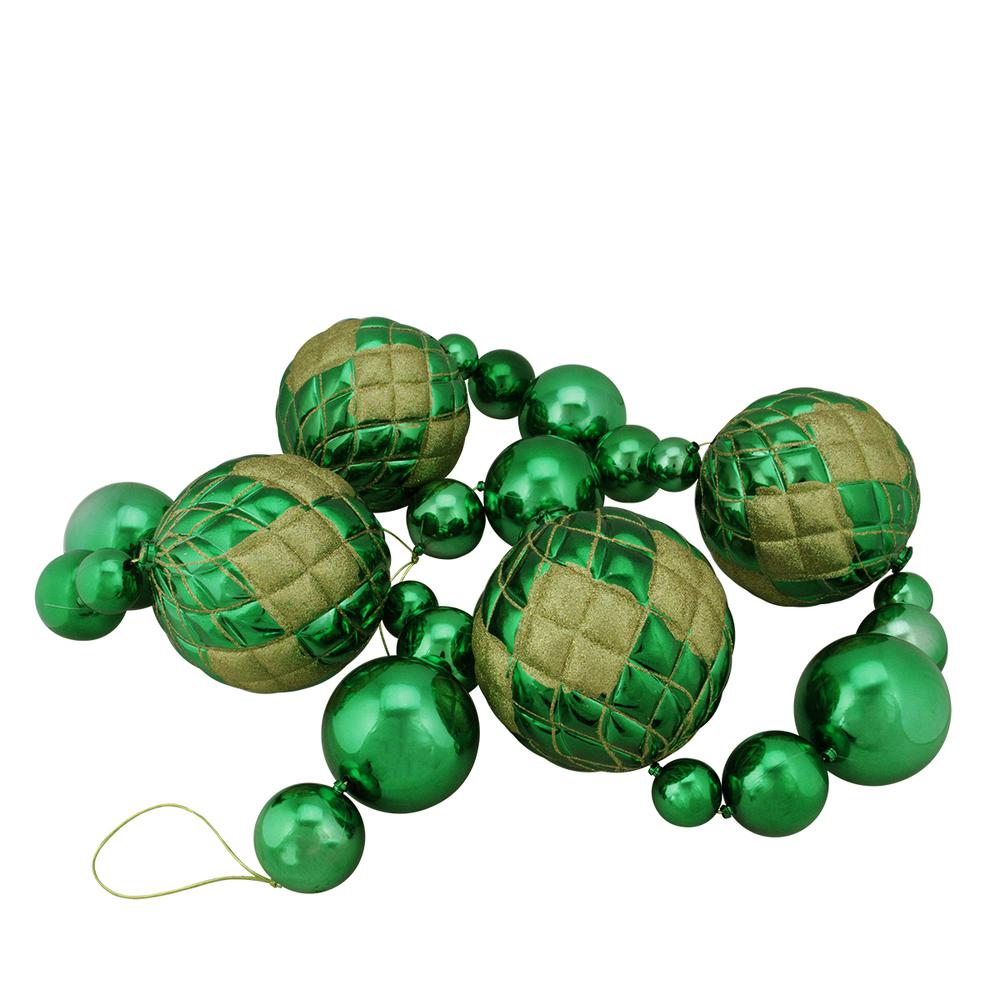6' Shiny Green Shatterproof Christmas Ball Garland with Gold Glitter Accents. Picture 1