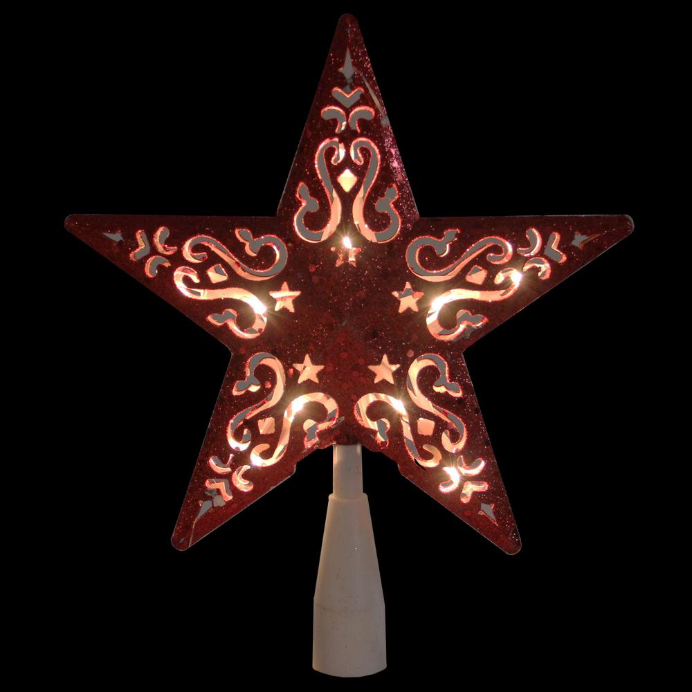 8.5" Red Glitter 5 Point Star Cut-Out Christmas Tree Topper - Clear Lights. Picture 2