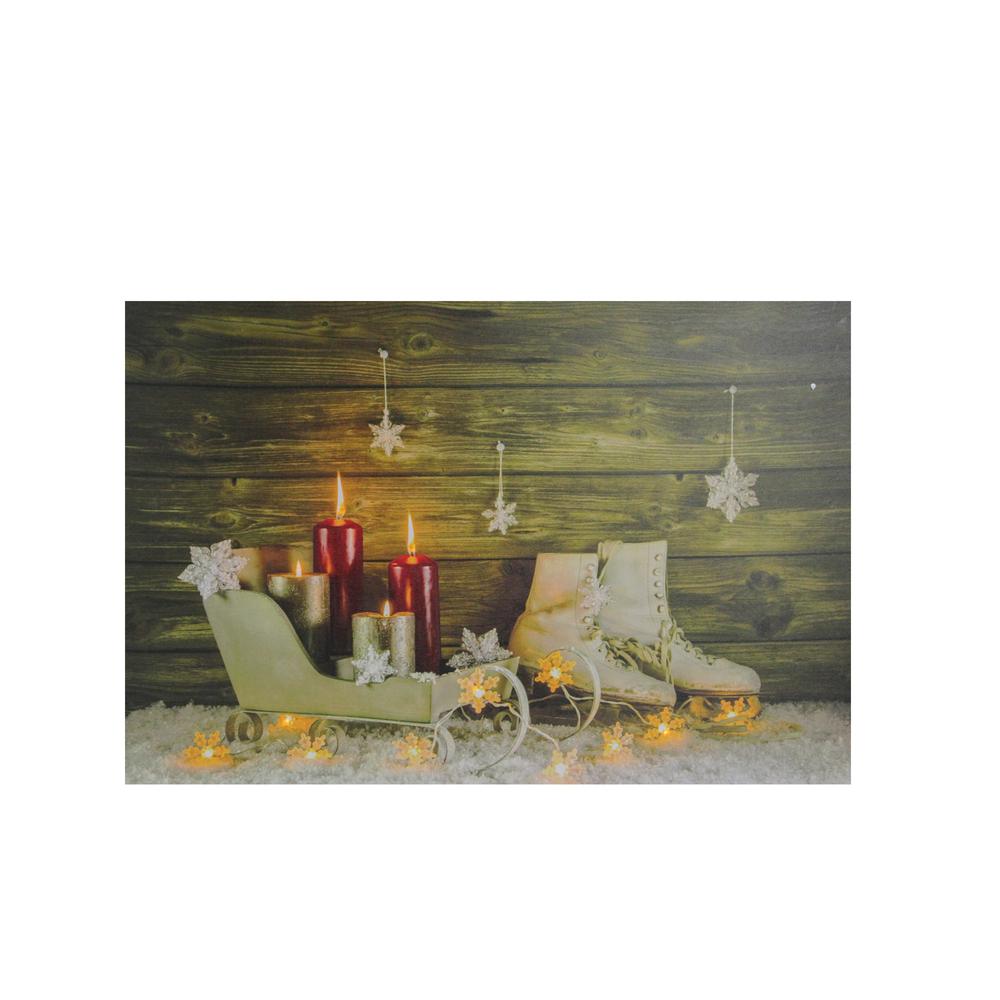 Small LED Lighted Candles  Ice Skates and Sleigh Christmas Canvas Wall Art 12" x 15.75". Picture 1