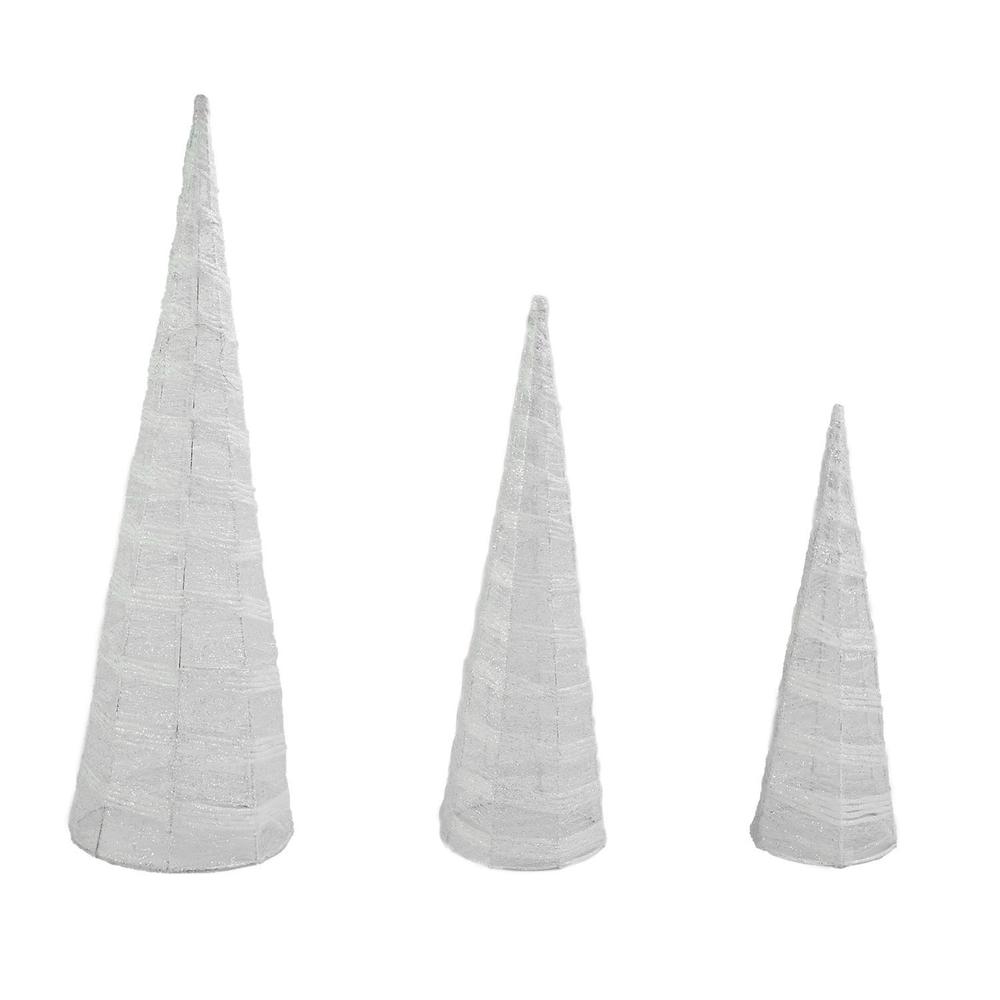 Set of 3 White and Silver Glittered Cone Tree Christmas Table Top Decoration 23.5". The main picture.