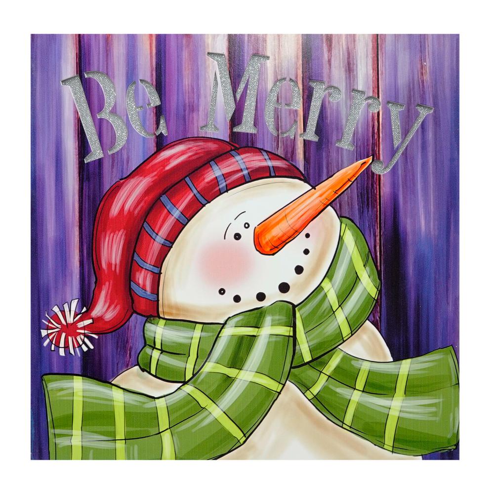 LED Lighted "Be Merry" Smiling Snowman Christmas Canvas Wall Art 11.75" x 11.75". Picture 1