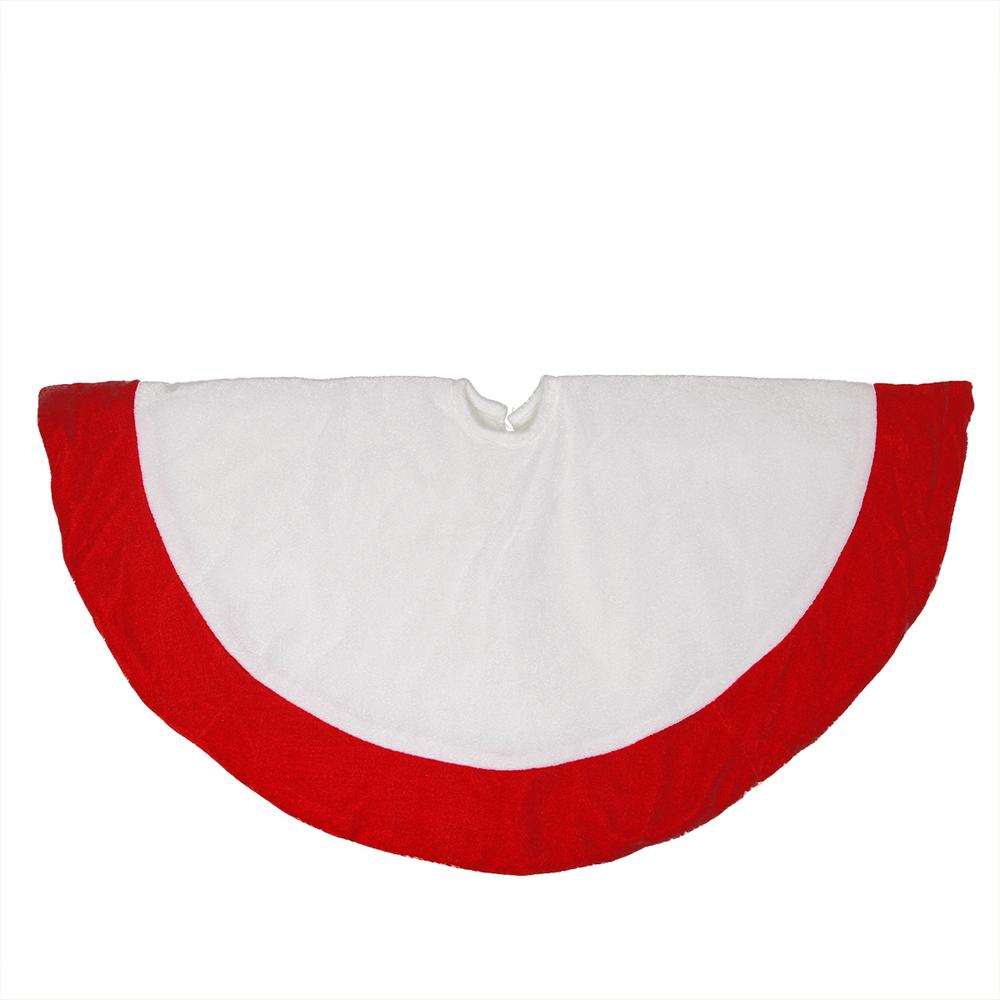 26" Traditional White and Red Velveteen Christmas Tree Skirt. Picture 1