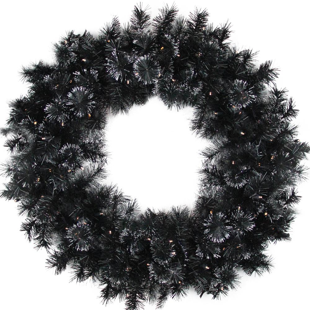 36" Battery Operated Black Bristle Artificial Christmas Wreath - Warm White LED Lights. Picture 1