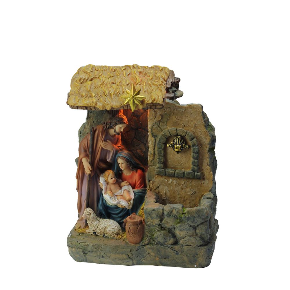 14" Brown and Gray Holy Family Religious Nativity Fountain with Lamp Tabletop Christmas Decoration. Picture 1