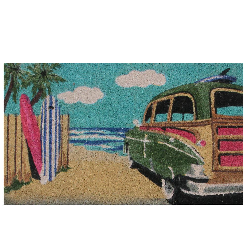 Retro Car on Beach Rectangular Coir Door Mat 29.75" x 17.75". Picture 1