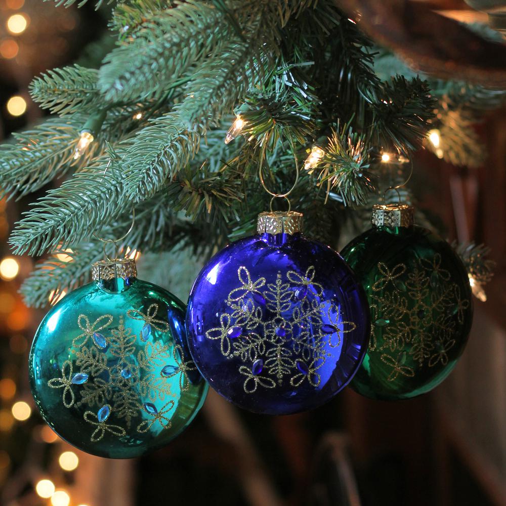Set of 3 Blue and Green Glitter Snowflake Disc Shaped Glass Christmas Ornament 3.25" (82mm). Picture 2