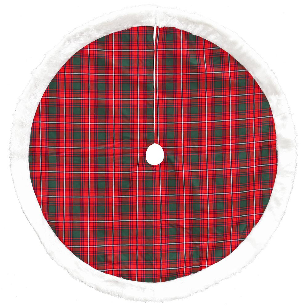 48" Red and White Plaid Border Christmas Tree Skirt. Picture 1