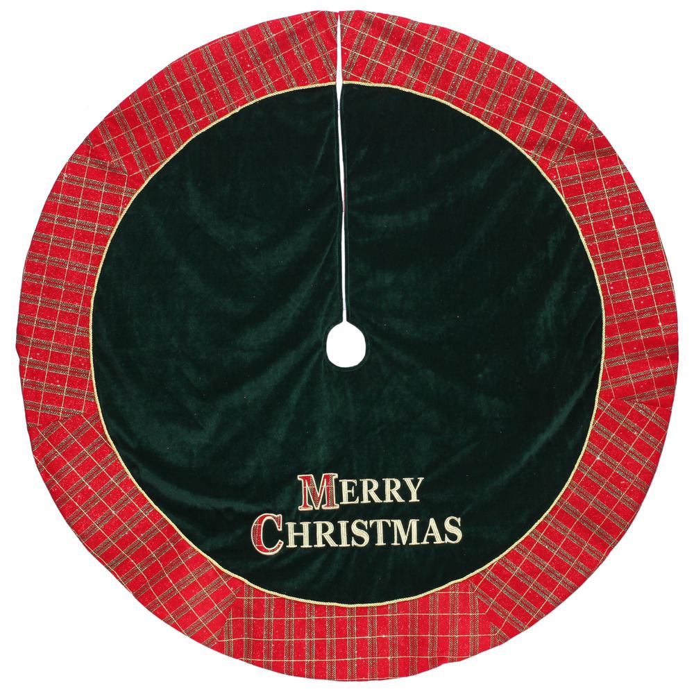 48" Red and Green 'MERRY CHRISTMAS' Plaid Christmas Tree Skirt. Picture 1