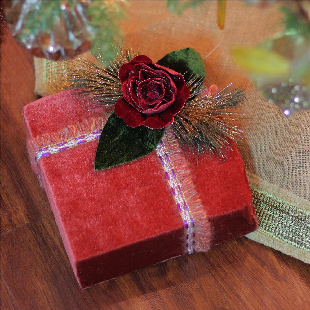 8" Red and Green Floral Accent Christmas Gift Box Decor. Picture 3
