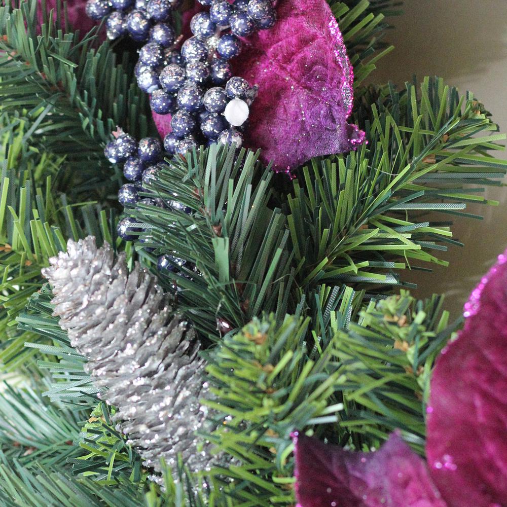 Purple Poinsettia and Silver Pine Cone Artificial Christmas Wreath - 24-Inch  Unlit. Picture 2