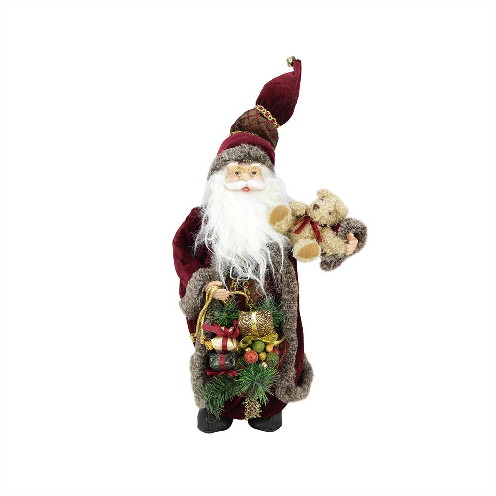 16" Burgundy Santa Claus with Gift Bag Christmas Figure. Picture 1
