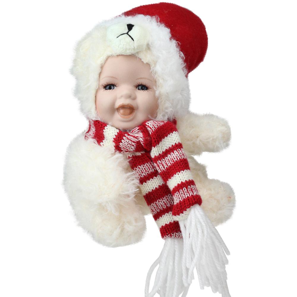 5.75" White and Red Baby in Polar Bear Costume with Santa Hat Collectible Christmas Doll. Picture 1