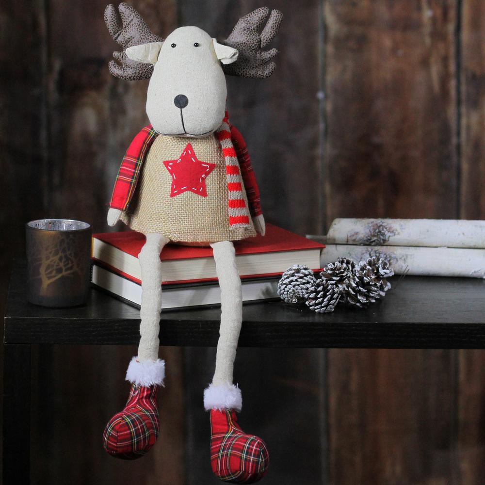 14.75" Red and White Plaid Elk Sitting with Dangling Legs Tabletop Decoration. Picture 4