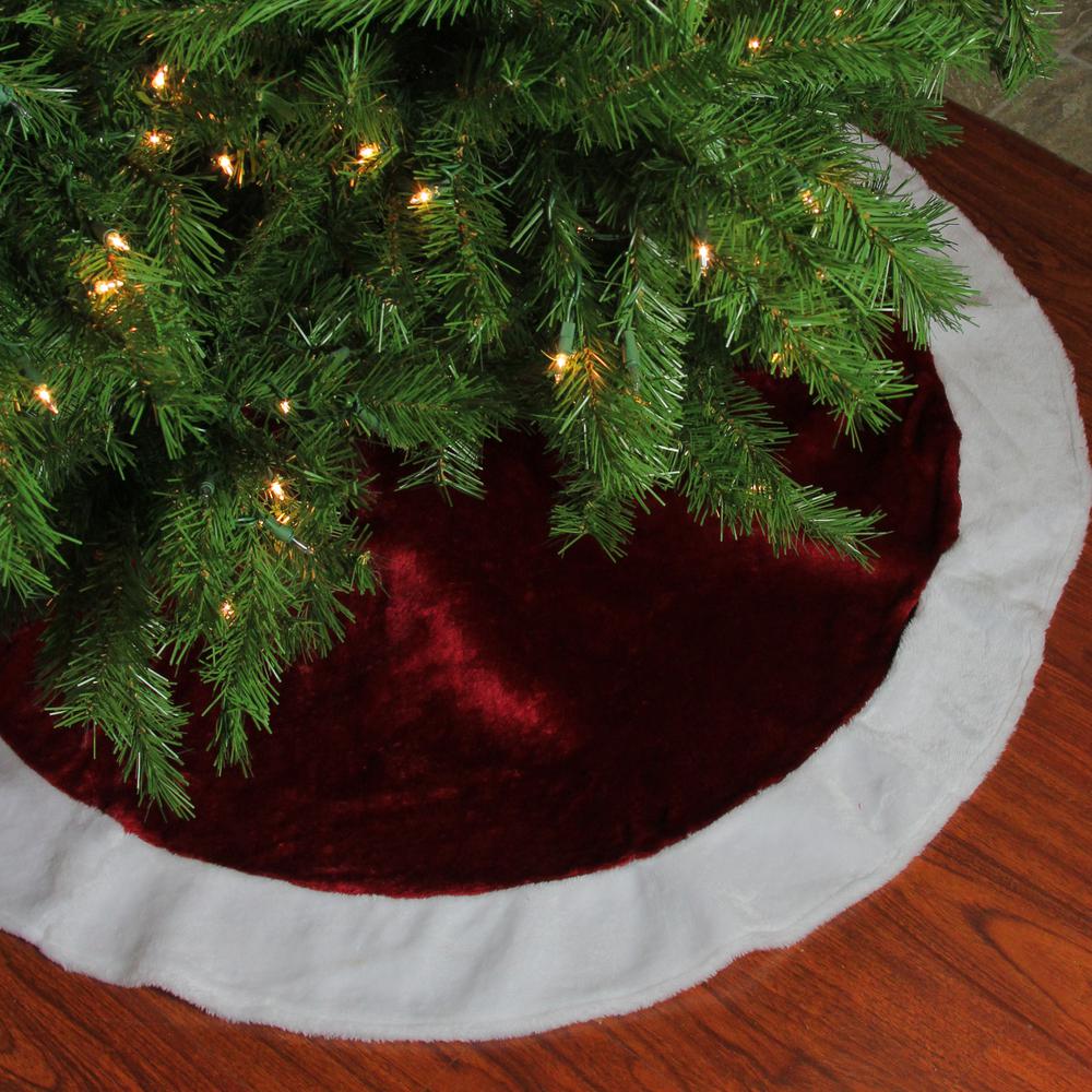 48" White and Burgundy Plush Christmas Tree Skirt. Picture 2
