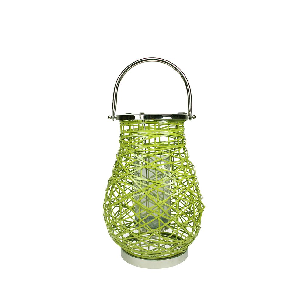 16.25" Modern Green Decorative Woven Iron Pillar Candle Lantern with Glass Hurricane. Picture 1
