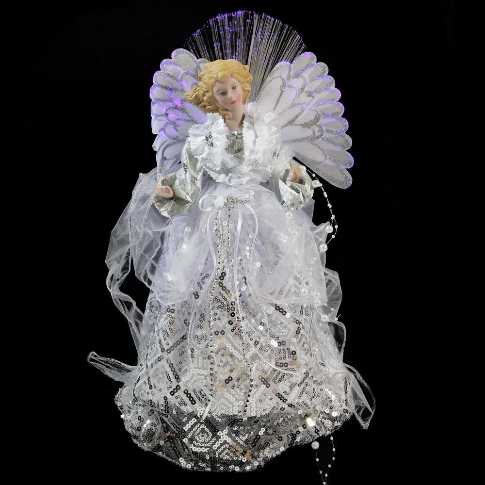 16" White and Silver Lighted Angel Sequined Gown Christmas Tree Topper. Picture 2
