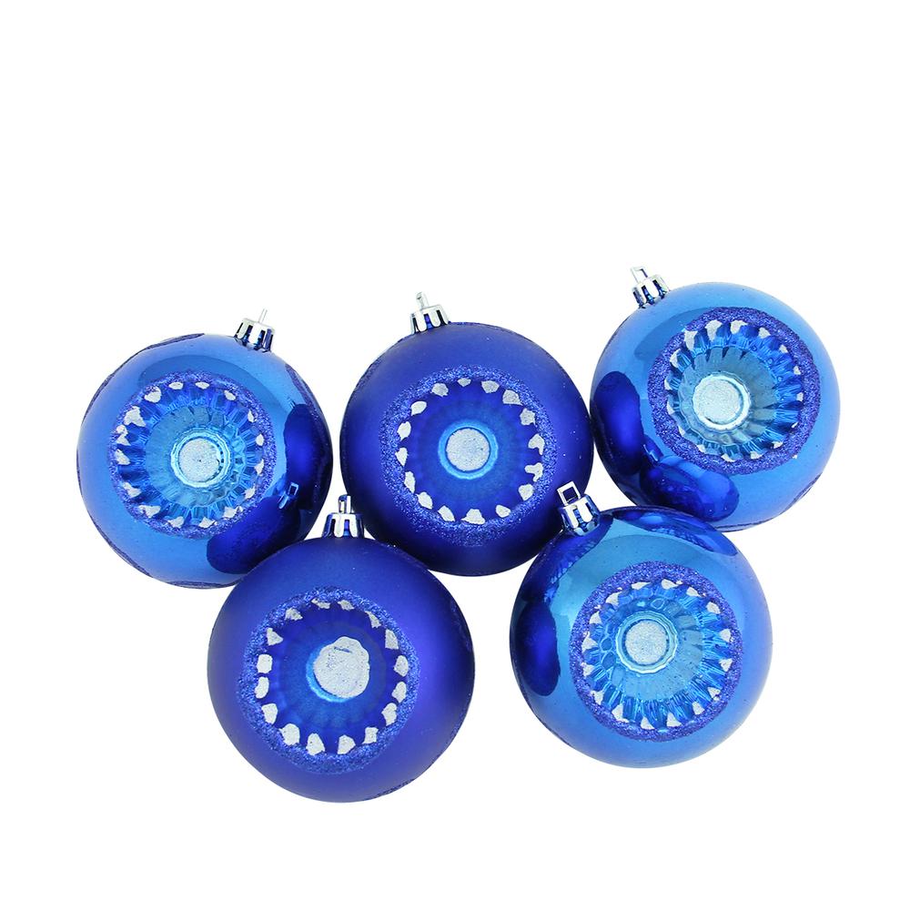 5ct Blue Retro Reflector Shatterproof 2-Finish Christmas Ball Ornaments 3.25" (80mm). Picture 1