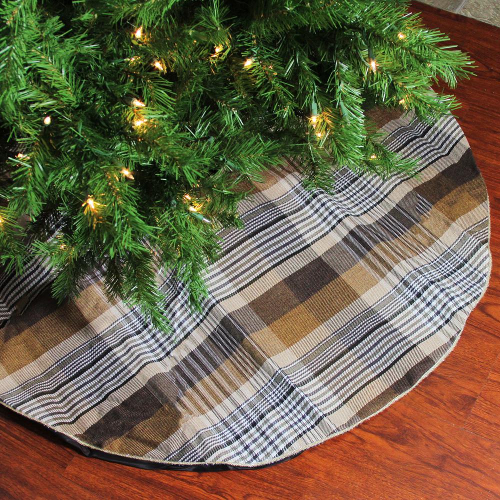 48" Brown Plaid Rustic Woodland Christmas Tree Skirt with Gold Trim. Picture 2