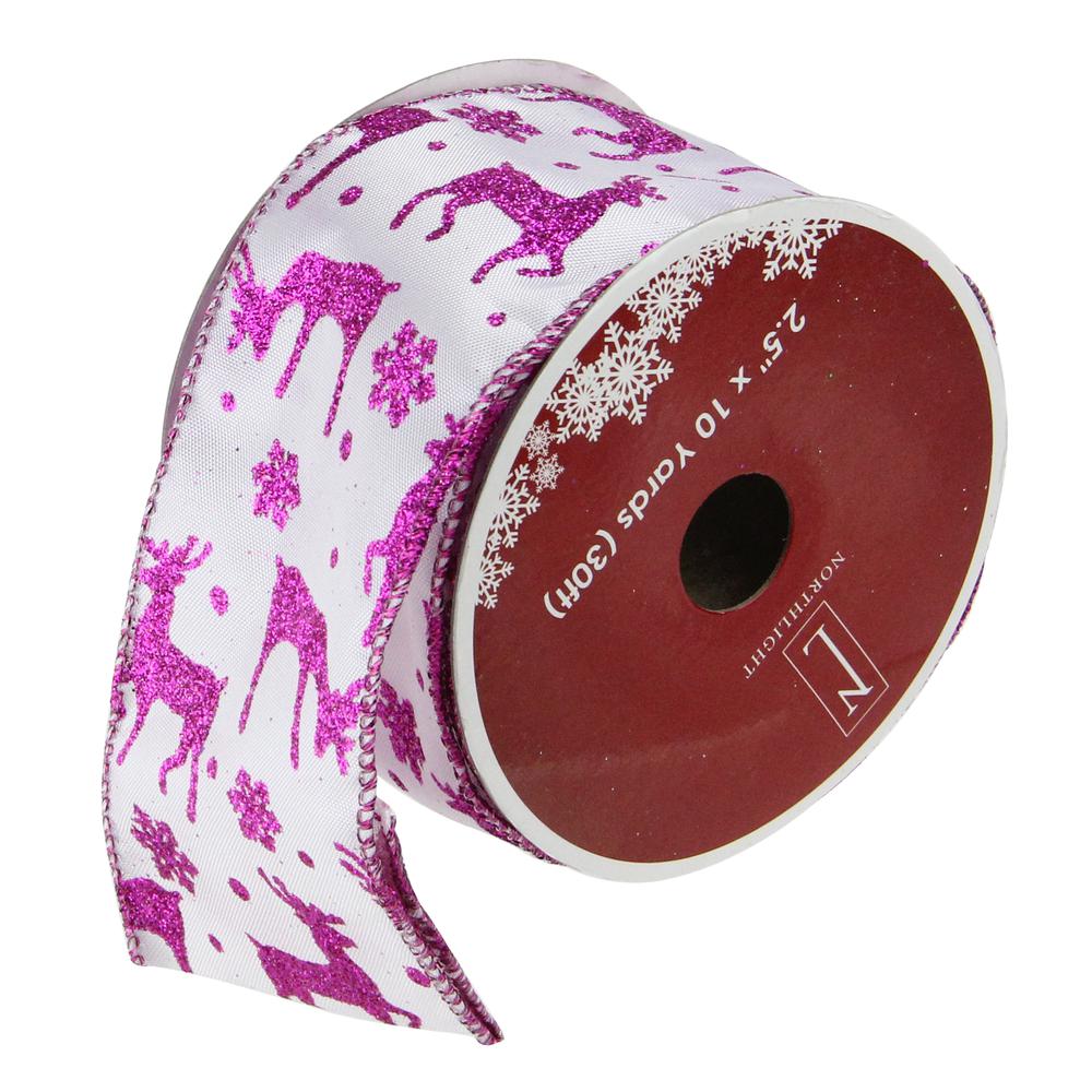 Pack of 12 Glistening Purple Reindeer and Star Christmas Wired Craft Ribbons - 2.5" x 120 Yards. Picture 1