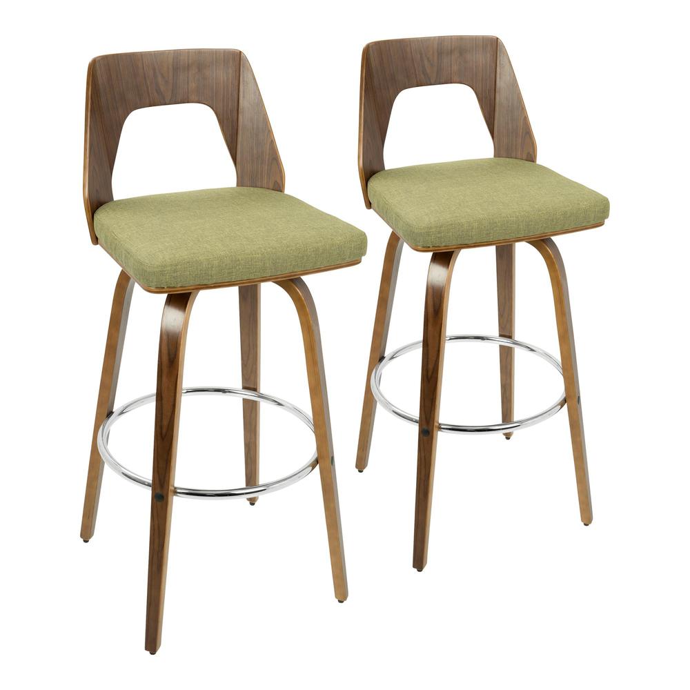 Trilogy Mid-Century Modern Barstool in Walnut and Green Fabric - Set of 2. Picture 1