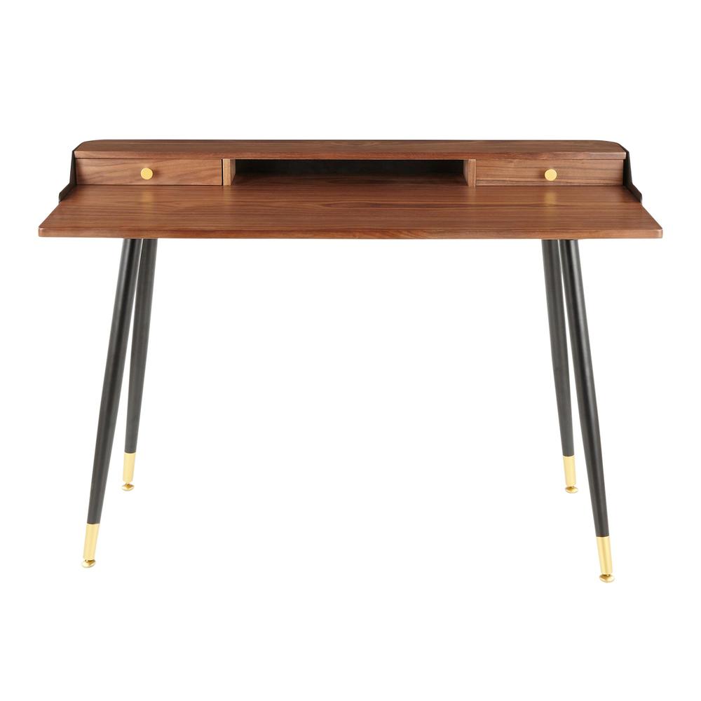 Harvey Mid-Century Modern Desk in Black Metal and Walnut Wood with Gold Accent. Picture 5