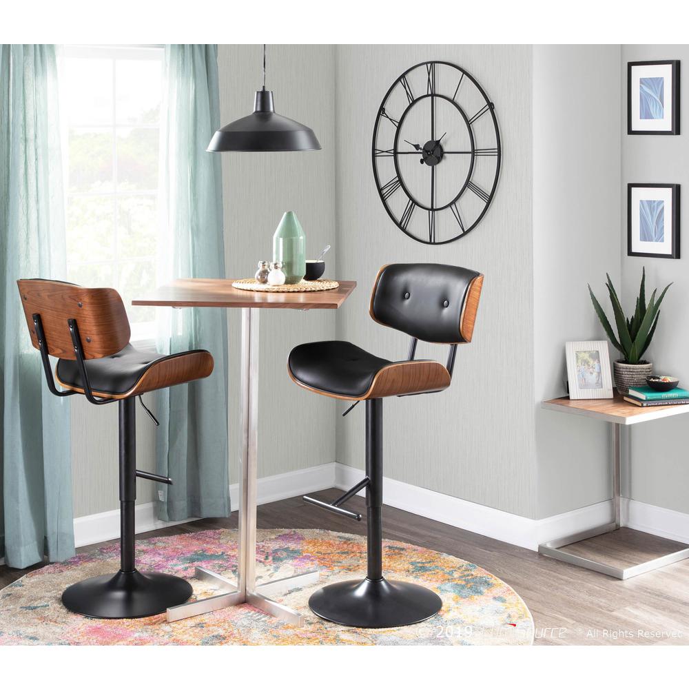 Lombardi Mid-Century Modern Adjustable Barstool in Walnut with Black Faux Leather. Picture 9