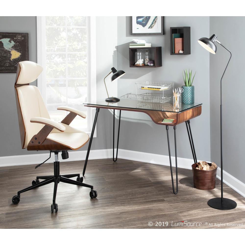 Avery Mid-Century Modern Desk in Walnut Wood, Clear Glass, and Black Metal. Picture 11