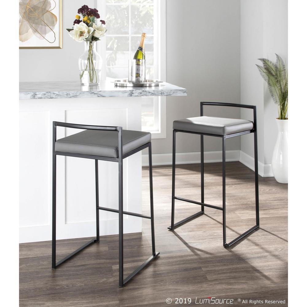 Fuji Contemporary Stackable Counter Stool in Black with Grey Faux Leather Cushion - Set of 2. Picture 10
