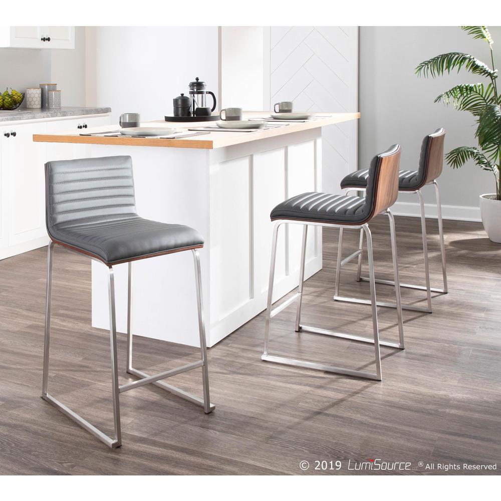 Mara 26" Contemporary Counter Stool in Brushed Stainless Steel, Walnut Wood, and Grey Faux Leather - Set of 2. Picture 12