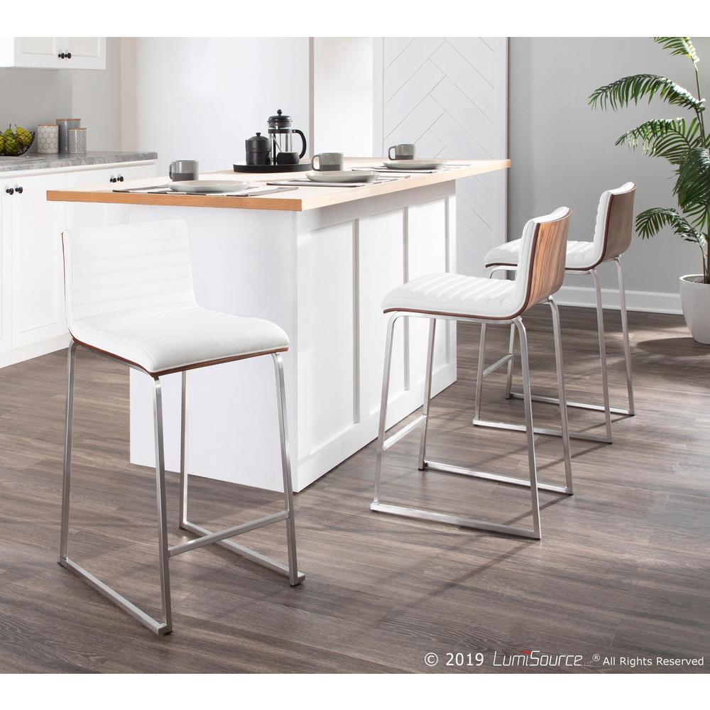 Mara 26" Contemporary Counter Stool in Brushed Stainless Steel, Walnut Wood, and White Faux Leather - Set of 2. Picture 9