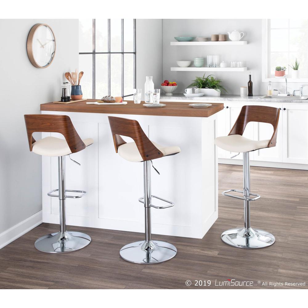 Valencia Mid-Century Modern Adjustable Barstool with Swivel in Walnut and Cream Faux Leather. Picture 9