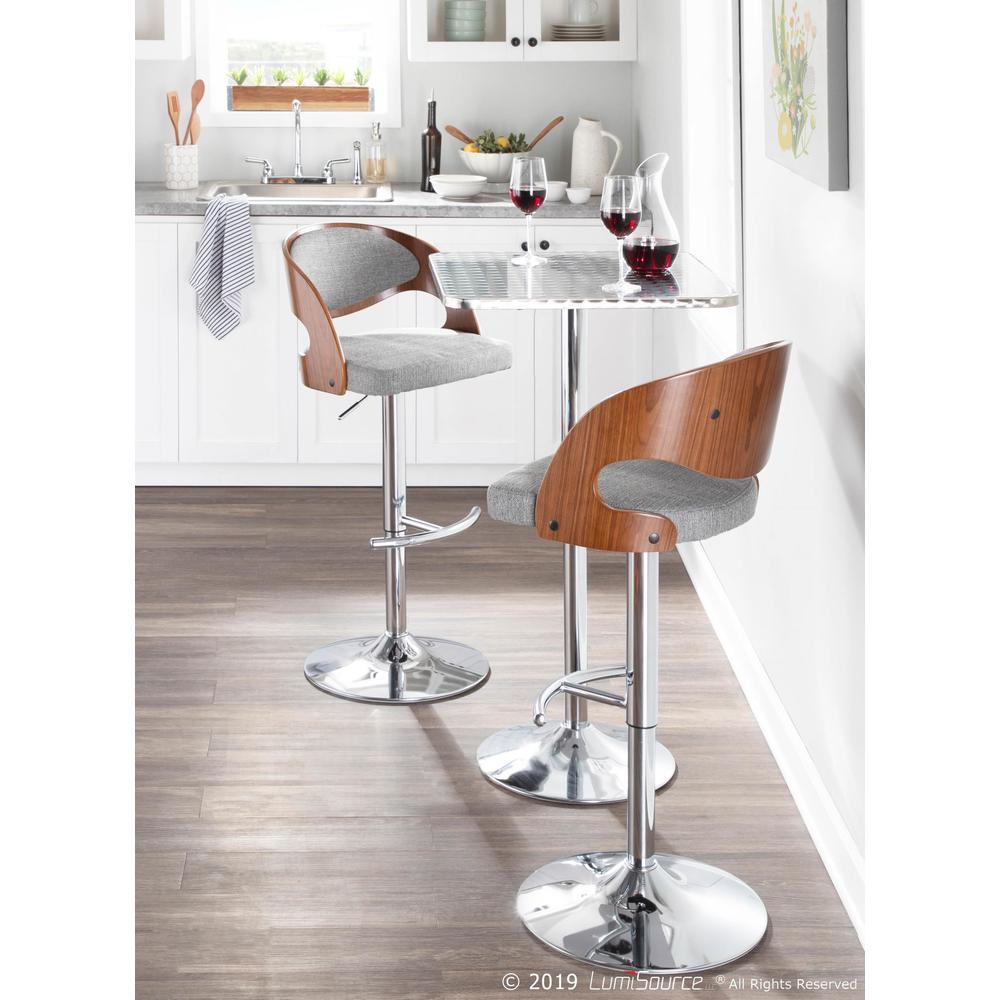 Pino Mid-Century Modern Adjustable Barstool with Swivel in Walnut and Grey Fabric. Picture 8