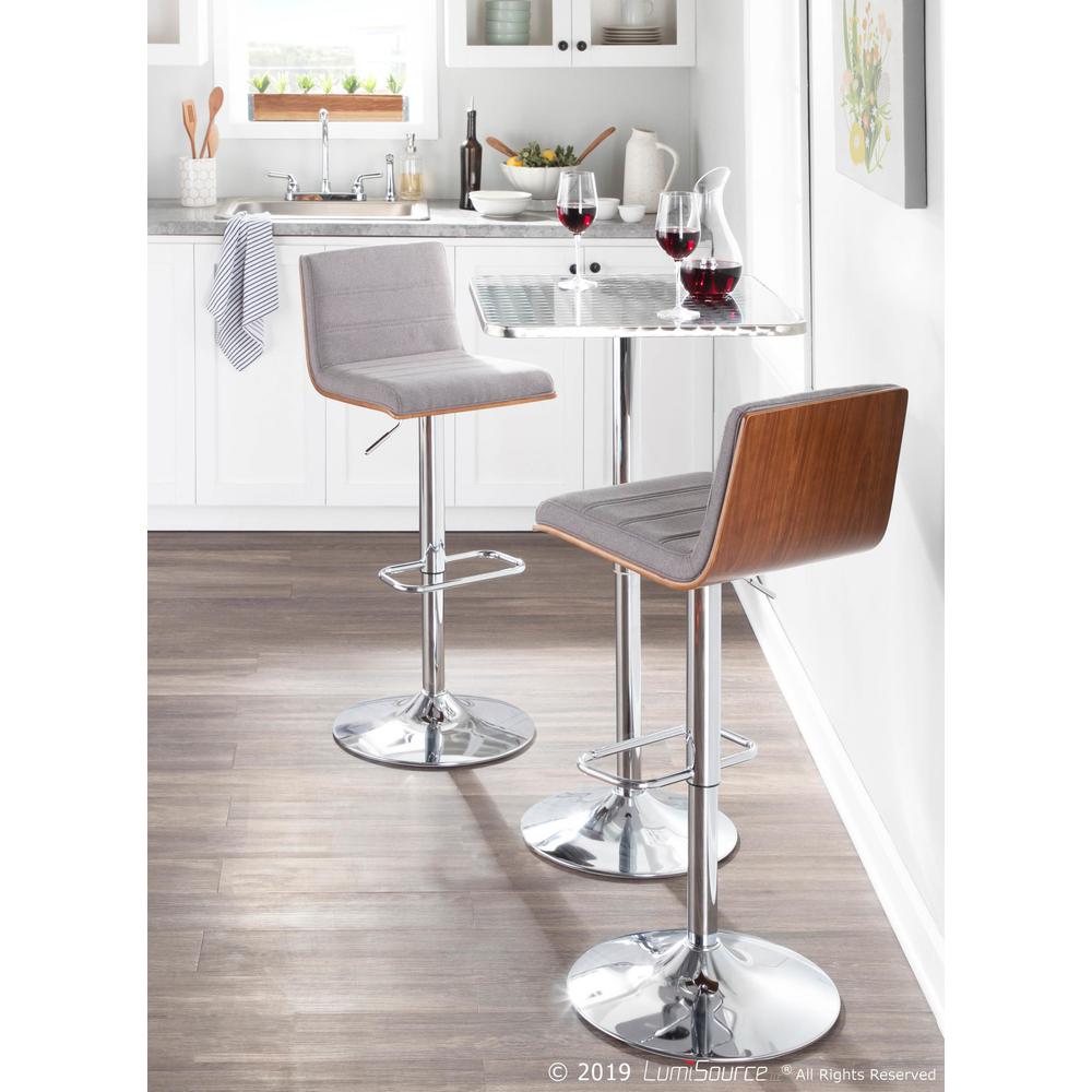 Vasari Mid-Century Modern Adjustable Barstool with Swivel in Walnut and Grey Fabric. Picture 9